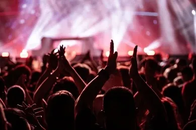 Audience with hands raised at a live music event