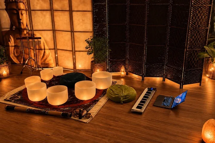 Crystal singing bowls set out for a sound healing session