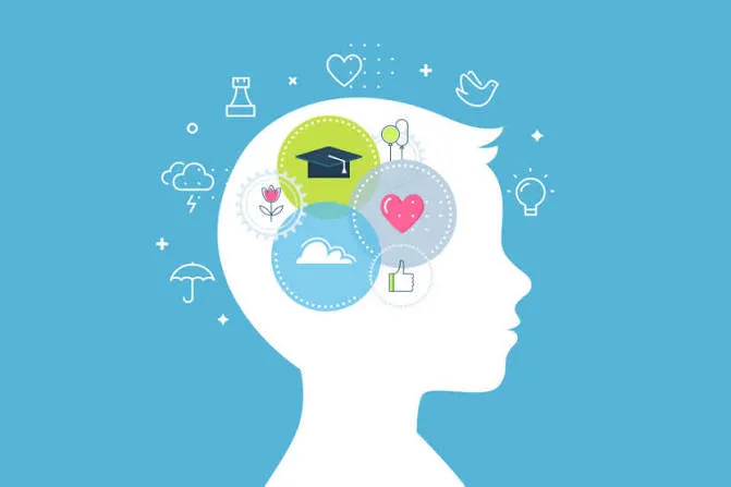 Illustration of a head filled with wellbeing symbols